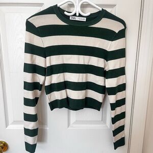 Zara Striped Long Sleeve Crop Top in Green and Cream